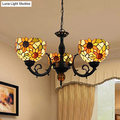 Colorful Stained Glass Bowl Chandelier in Retro Brass: Flower Pattern, 3 Bulbs, Vibrant Lighting