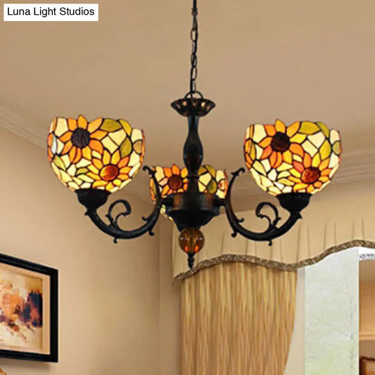 Colorful Stained Glass Bowl Chandelier in Retro Brass: Flower Pattern, 3 Bulbs, Vibrant Lighting