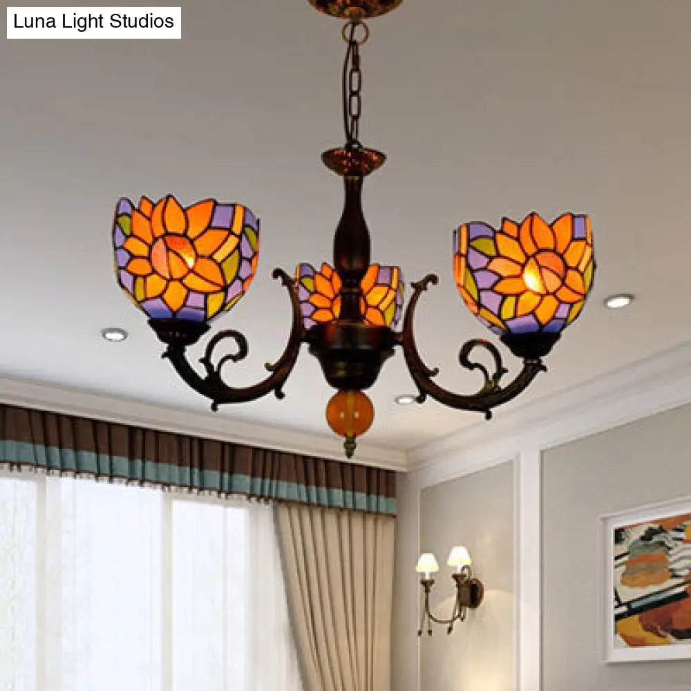 Colorful Stained Glass Bowl Chandelier in Retro Brass: Flower Pattern, 3 Bulbs, Vibrant Lighting