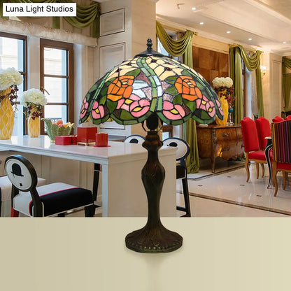 Colorful Stained Glass Dome Shade Accent Lamp with Retro Flower Pattern - Table Lamp with 1/2 Lights