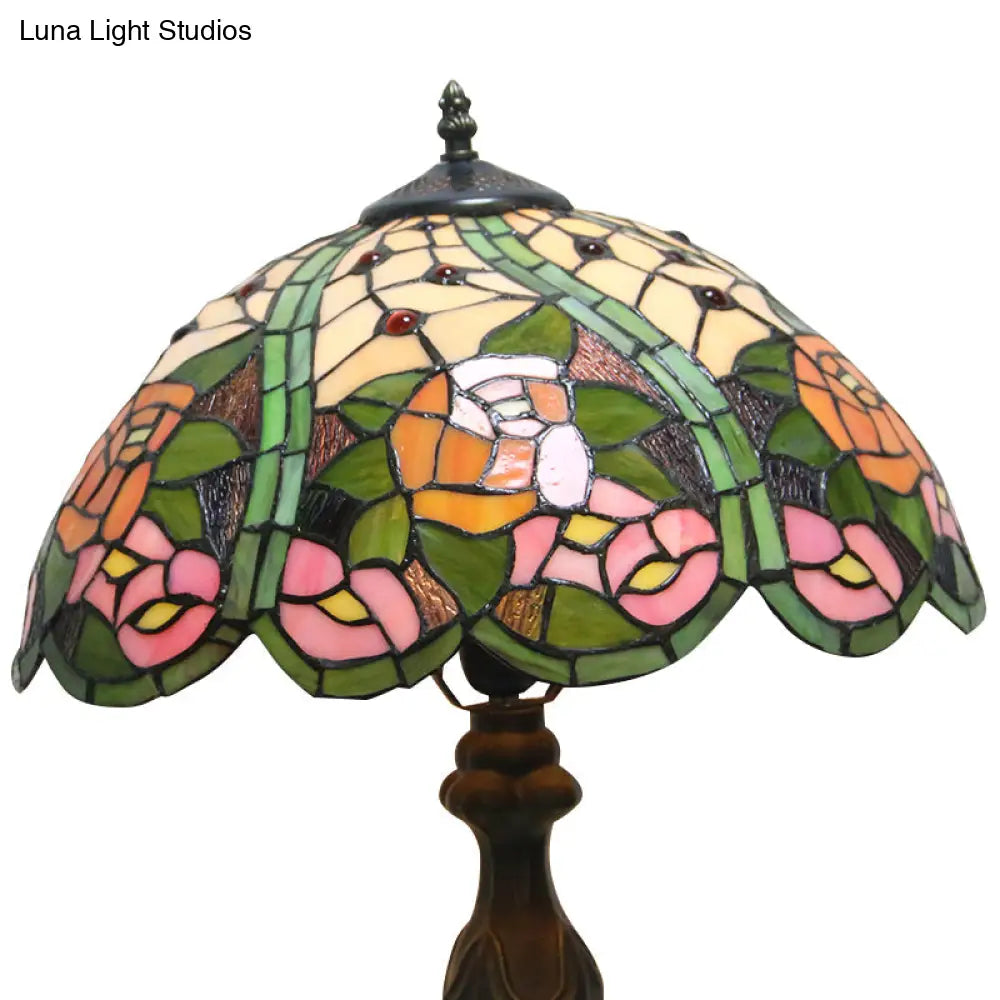 Colorful Stained Glass Dome Shade Accent Lamp with Retro Flower Pattern - Table Lamp with 1/2 Lights