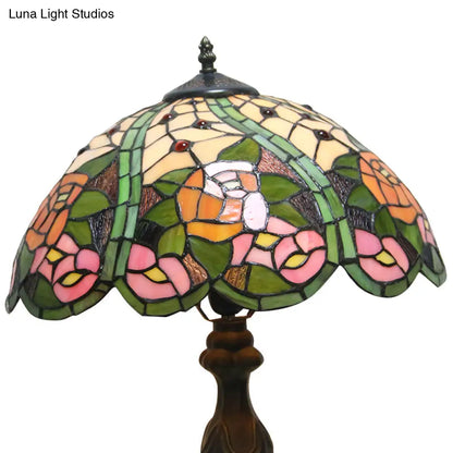 Colorful Stained Glass Dome Shade Accent Lamp with Retro Flower Pattern - Table Lamp with 1/2 Lights