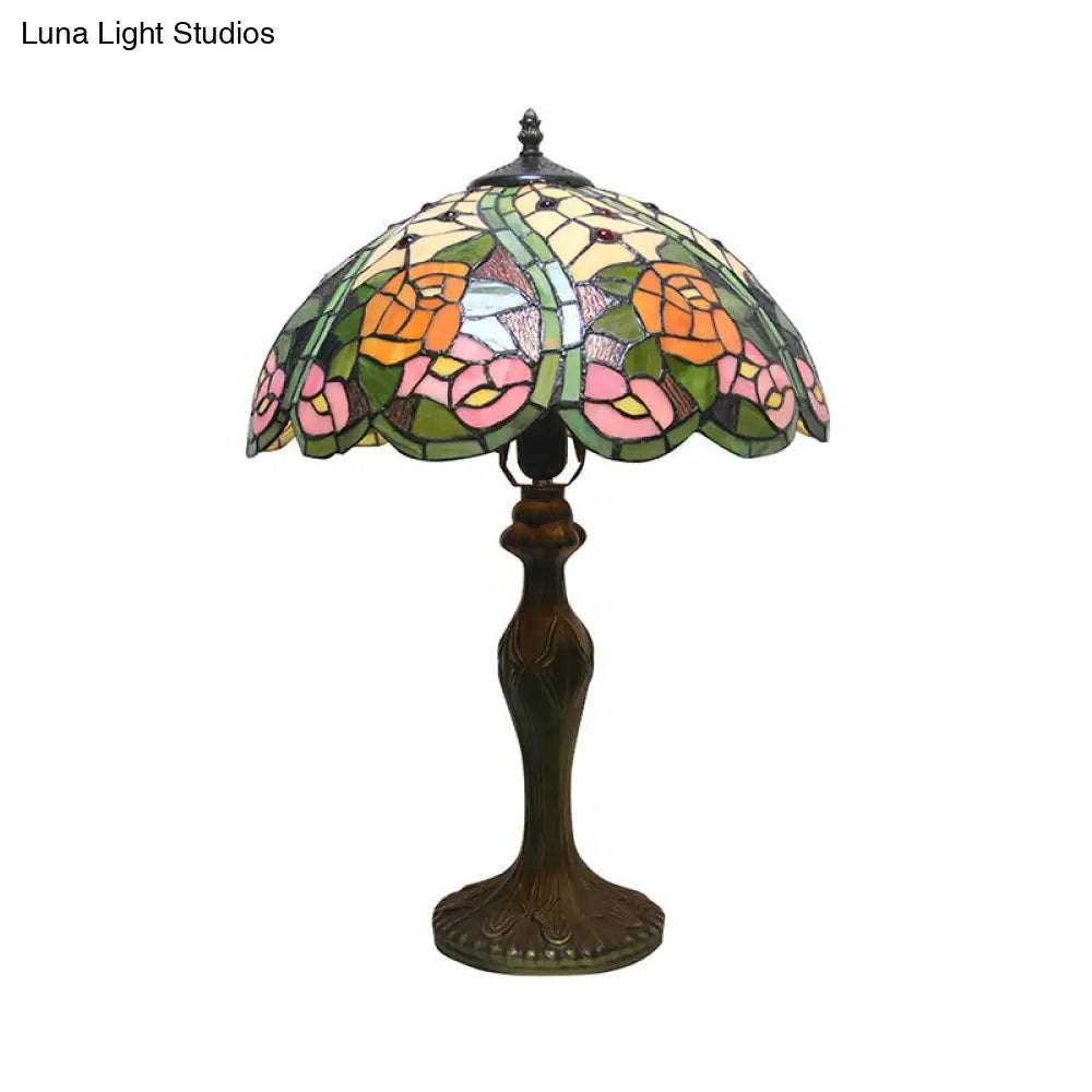 Colorful Stained Glass Dome Shade Accent Lamp with Retro Flower Pattern - Table Lamp with 1/2 Lights