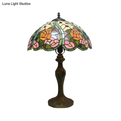 Colorful Stained Glass Dome Shade Accent Lamp with Retro Flower Pattern - Table Lamp with 1/2 Lights