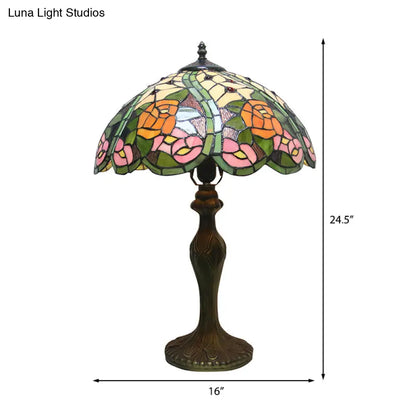 Colorful Stained Glass Dome Shade Accent Lamp with Retro Flower Pattern - Table Lamp with 1/2 Lights