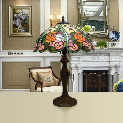 Colorful Stained Glass Dome Shade Accent Lamp with Retro Flower Pattern - Table Lamp with 1/2 Lights