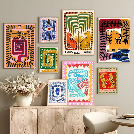 Colorful Tiger & Leopard Vintage Poster Wall Art - Posters