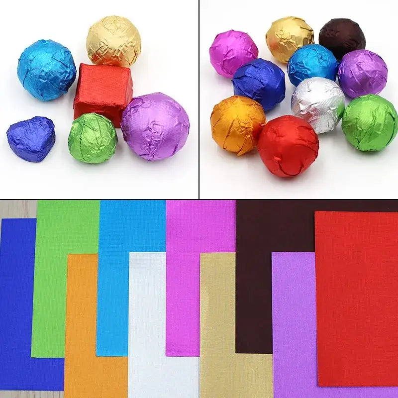 Colorful tinfoils 8x8cm showcasing foil-wrapped chocolate candies in vibrant hues for kitchen candy and chocolate wrapping