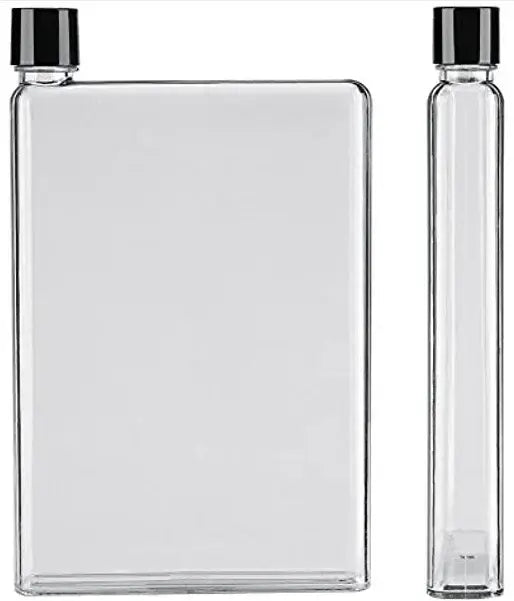 Clear rectangular crystal water bottle and matching cylindrical companion made of translucent plastic for sports use