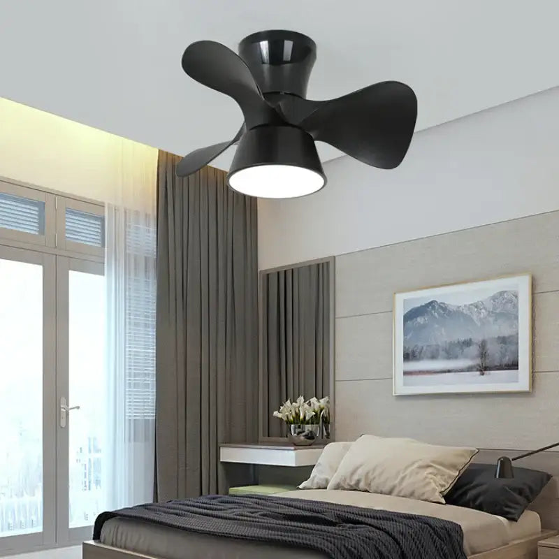 Black ceiling fan light with sleek modern blades and central light fixture for bedroom smart dimming ceiling fan use