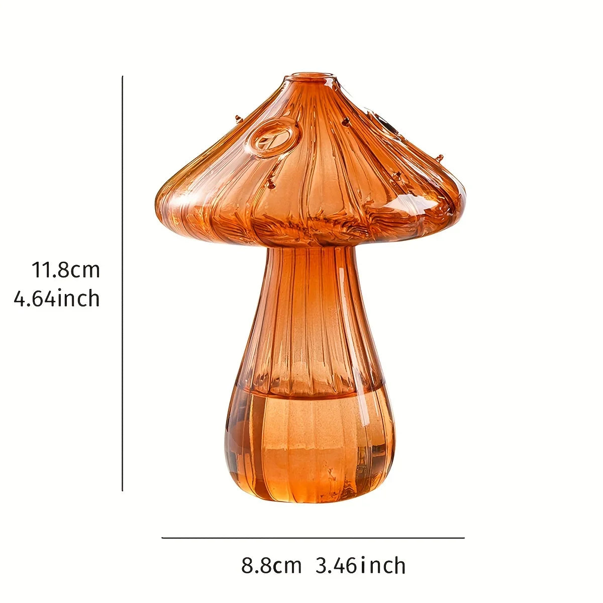 Amber-colored glass mushroom vase with ribbed texture and rounded cap for living room and desktop decoration