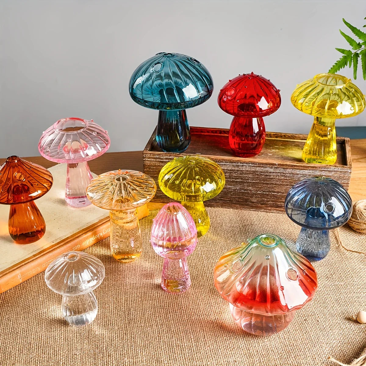 Colourful translucent glass mushroom figurines in blue red yellow pink and clear for creative hydroponic vase decor