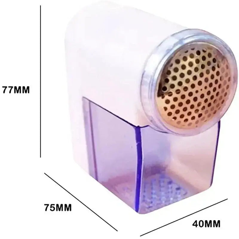 Compact blue and white electric fuzz pellet remover with white transparent body and gold perforated head for fabric care