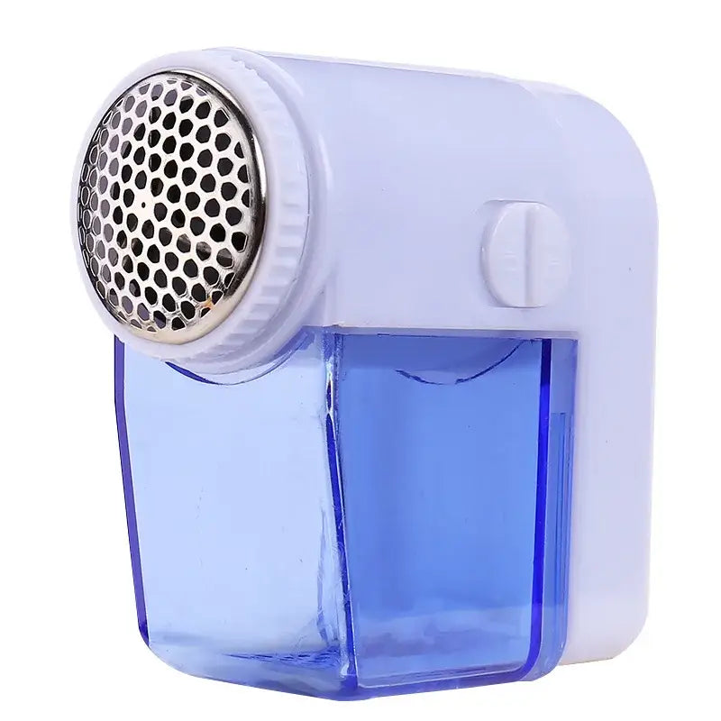 Compact blue and white electric fuzz pellet remover with metallic mesh head for fabric shaving and fuzz pellet removal