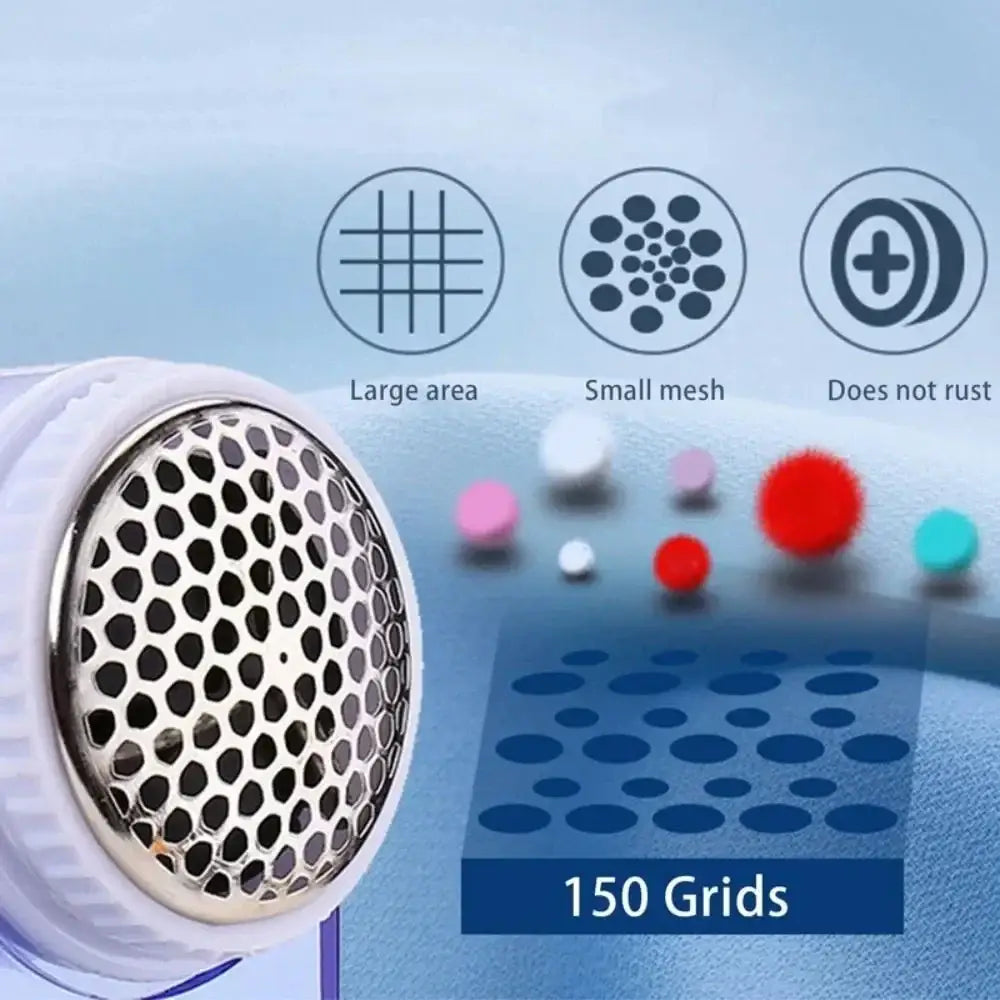 Compact blue and white electric fuzz pellet remover with white plastic and metal thimble and perforated head for fabric care
