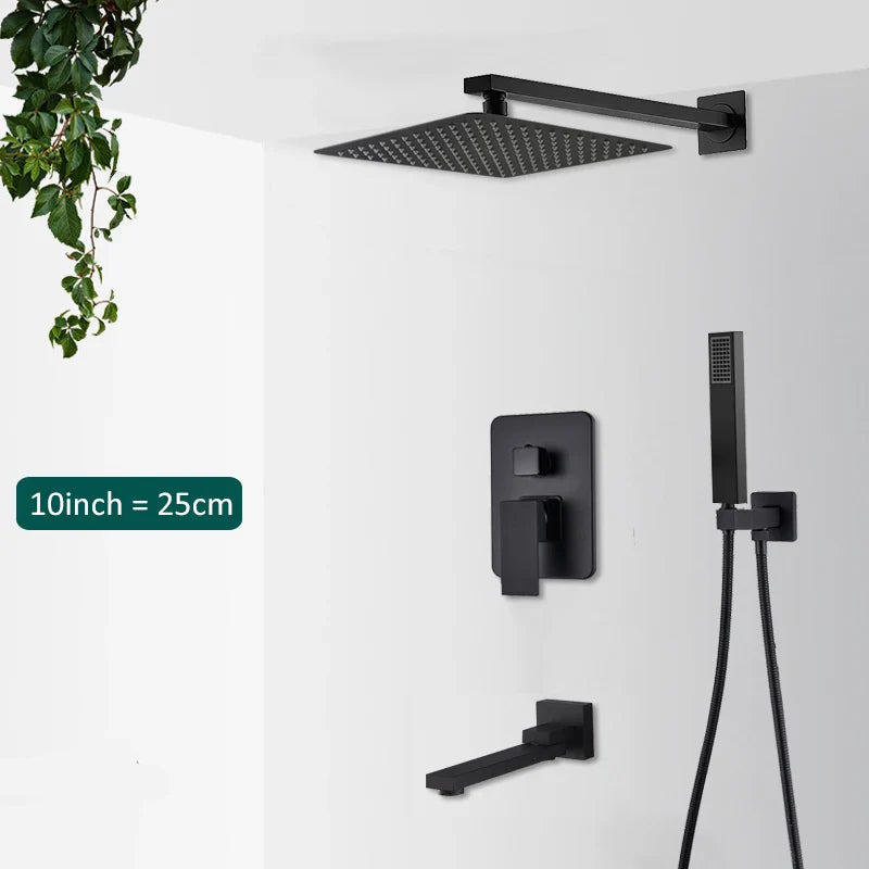 Black matte finished square showerhead with modern minimalist design for concealed shower system rainfall waterfall use