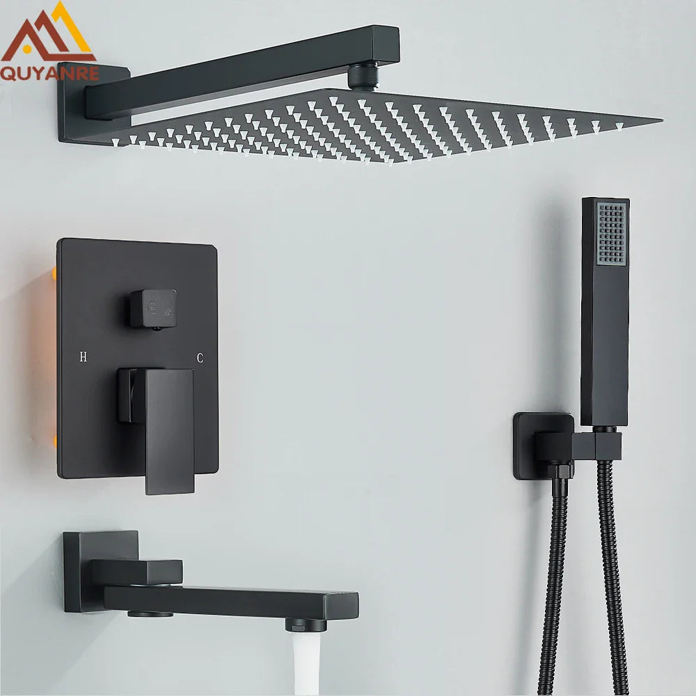 Black matte concealed shower system with rectangular rainhead handheld spray and wall-mounted controls for rainfall waterfall