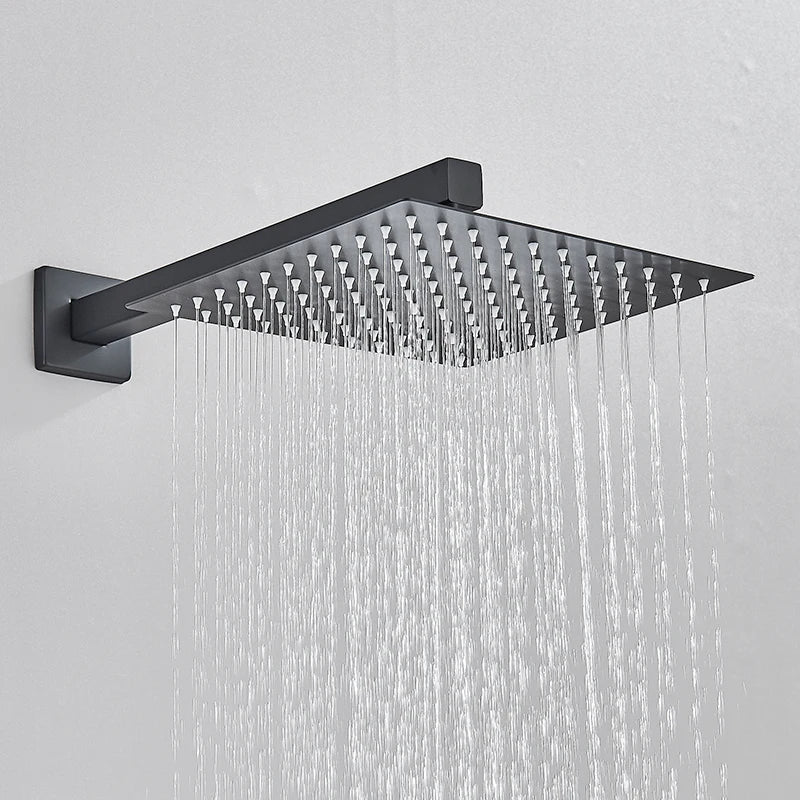 Black matte concealed shower system square rain showerhead with multiple water jets for rainfall waterfall effect