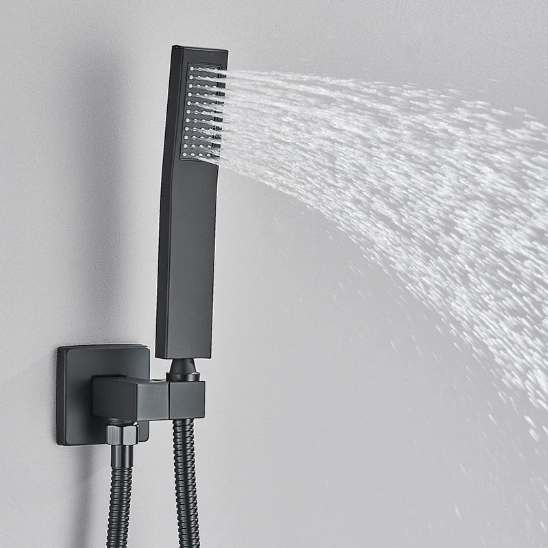 Black matte-finish rectangular concealed shower system with sleek modern design and multiple spray nozzles for rainfall waterfall