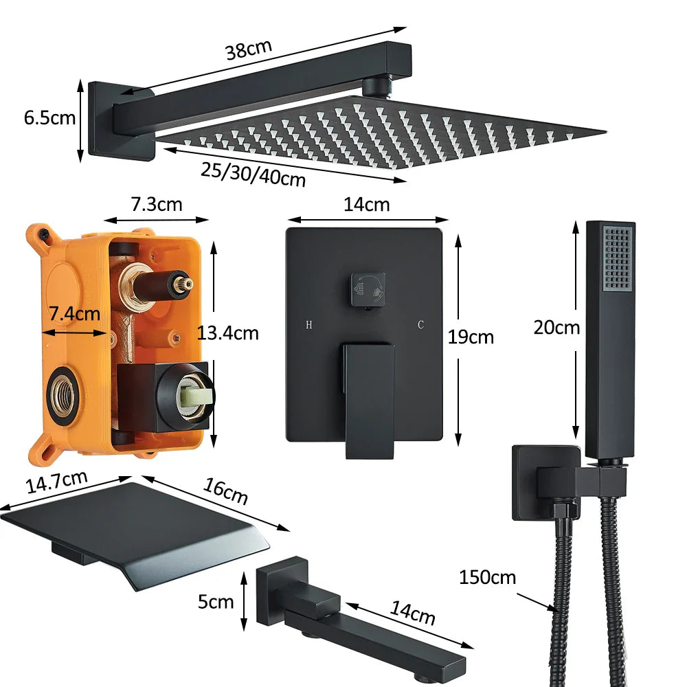 Black matte finished concealed shower system with rectangular rainhead handheld spray and wall mounted controls