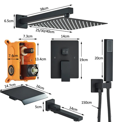 Black matte finished concealed shower system with rectangular rainhead handheld spray and wall mounted controls