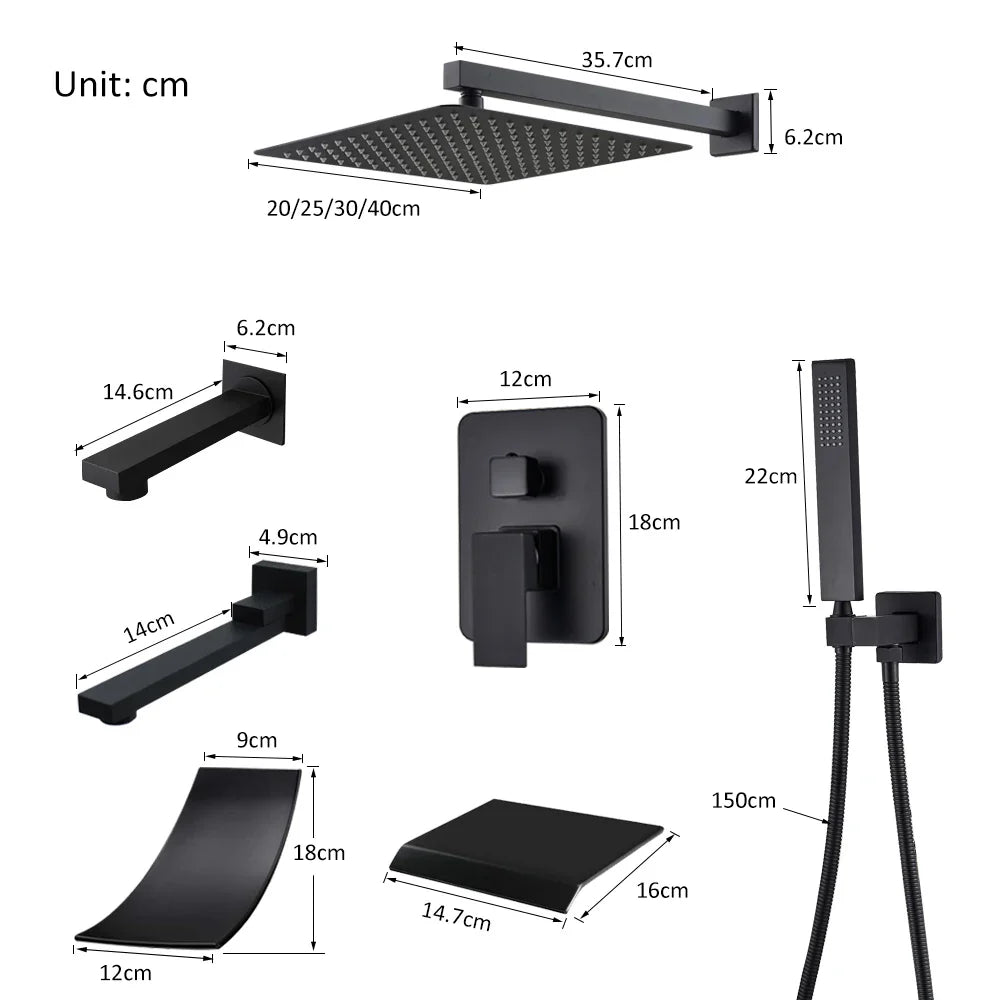 Black matte concealed shower system with square rainhead handheld sprayer and wall-mounted fixtures for modern bathrooms