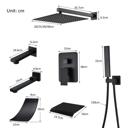 Black matte concealed shower system with square rainhead handheld sprayer and wall-mounted fixtures for modern bathrooms