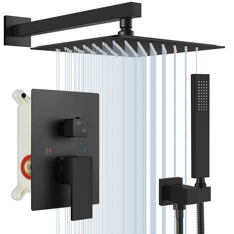 Black matte-finish square rain shower head with multiple vertical water streams in concealed shower system rainfall waterfall