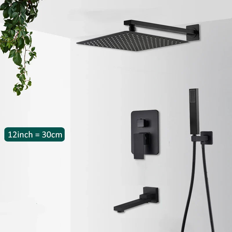 Black matte finished square rain shower head with sleek modern design for concealed shower system rainfall waterfall