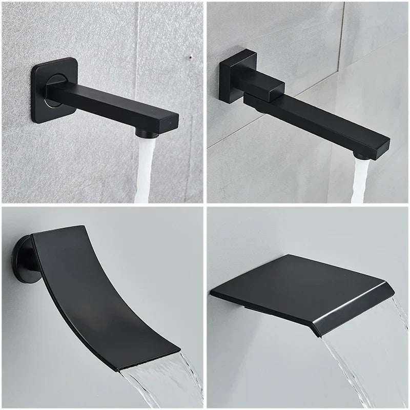 Black matte finished modern bathroom faucet with square and curved designs for concealed shower system rainfall waterfall