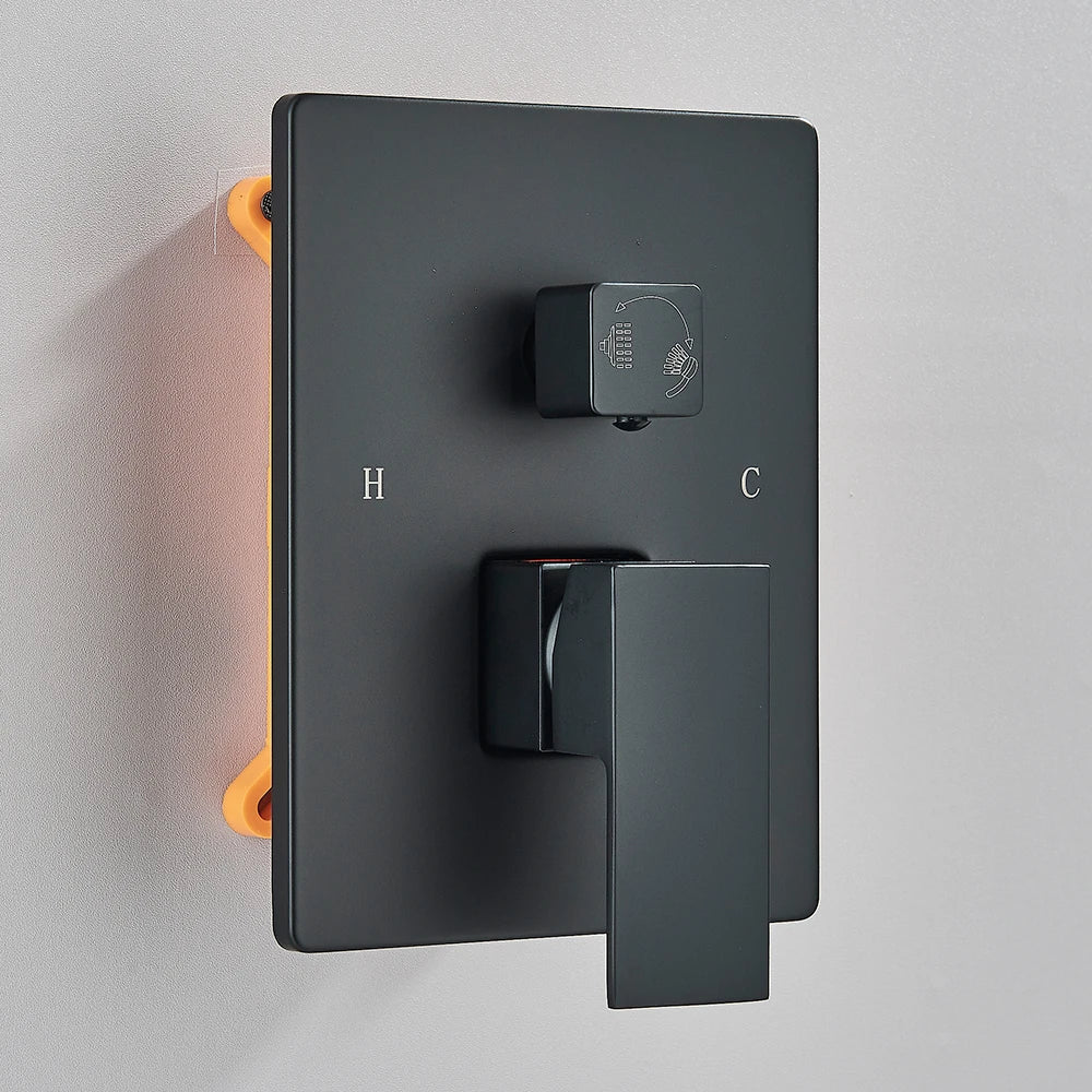 Modern matte black concealed shower system rainfall waterfall valve with sleek rectangular design and labeled hot and cold controls