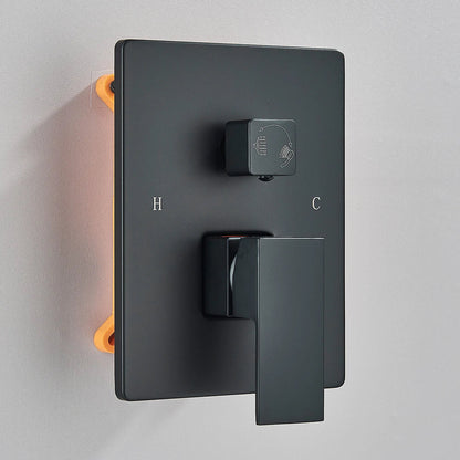 Modern matte black concealed shower system rainfall waterfall valve with sleek rectangular design and labeled hot and cold controls