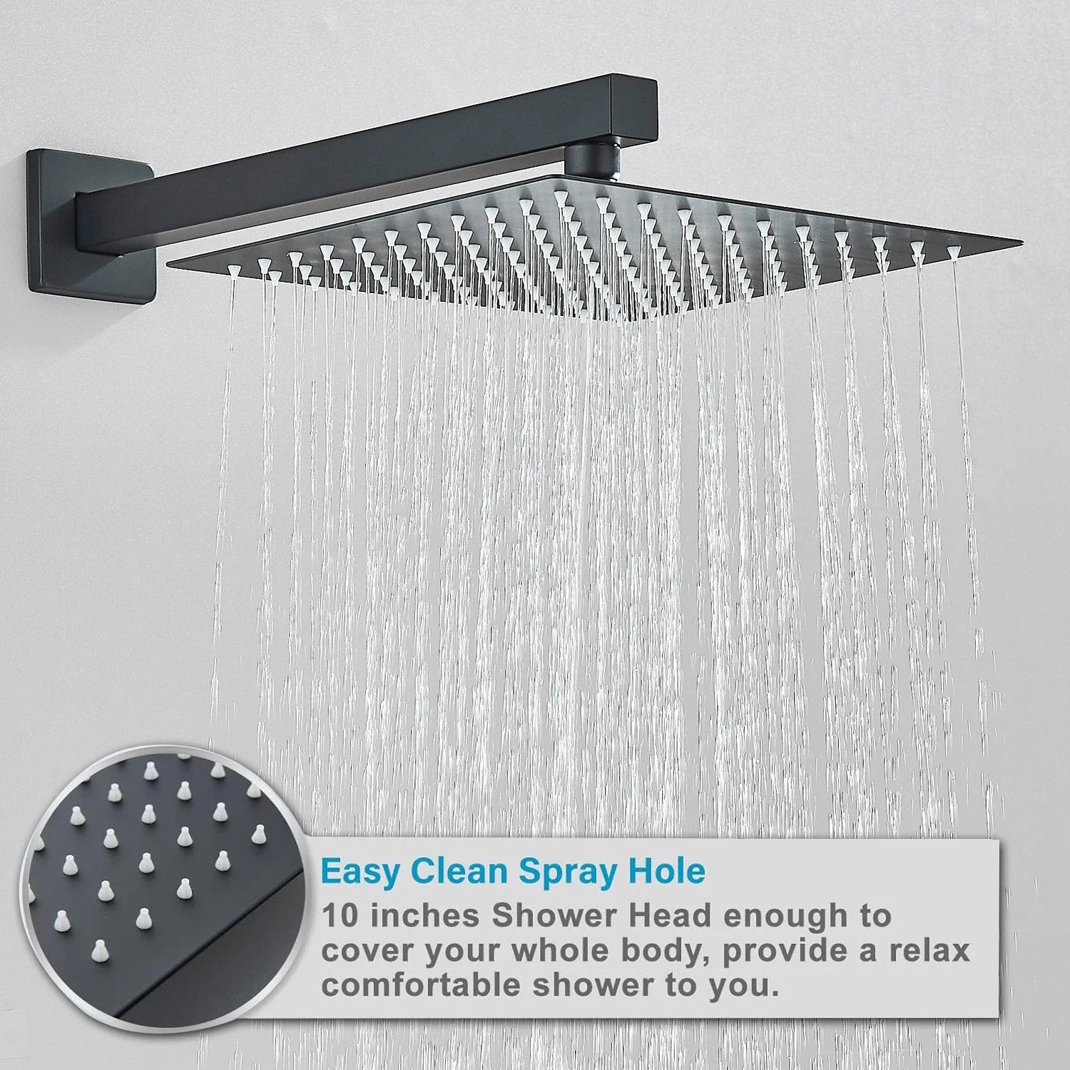 Black matte concealed shower system rainfall waterfall with rectangular shower head and multiple spray holes for even distribution