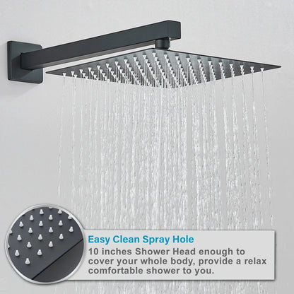 Black matte concealed shower system rainfall waterfall with rectangular shower head and multiple spray holes for even distribution