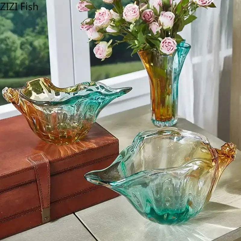 Translucent iridescent glass decorbites conch candy jar with wavy amber to teal gradient for dining room storage