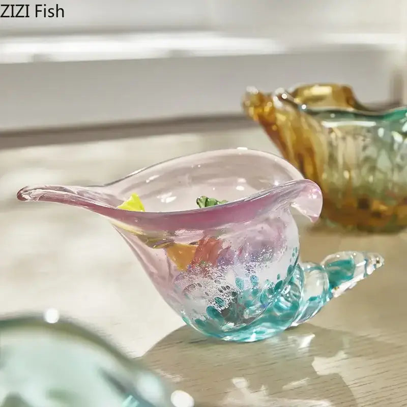 Decorbites conch candy jar green and amber glass tray with a translucent pink and turquoise fish-shaped bowl
