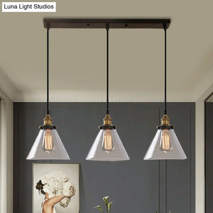 Lámpara colgante industrial de cristal ahumado en forma de cono/cuenco - Luminaria de 3 luces para cafetería con múltiples luces - Dosel lineal/redondo