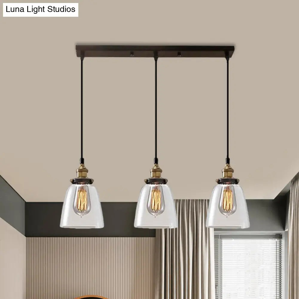 Lámpara colgante industrial de cristal ahumado en forma de cono/cuenco - Luminaria de 3 luces para cafetería con múltiples luces - Dosel lineal/redondo
