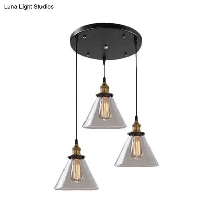 Lámpara colgante industrial de cristal ahumado en forma de cono/cuenco - Luminaria de 3 luces para cafetería con múltiples luces - Dosel lineal/redondo