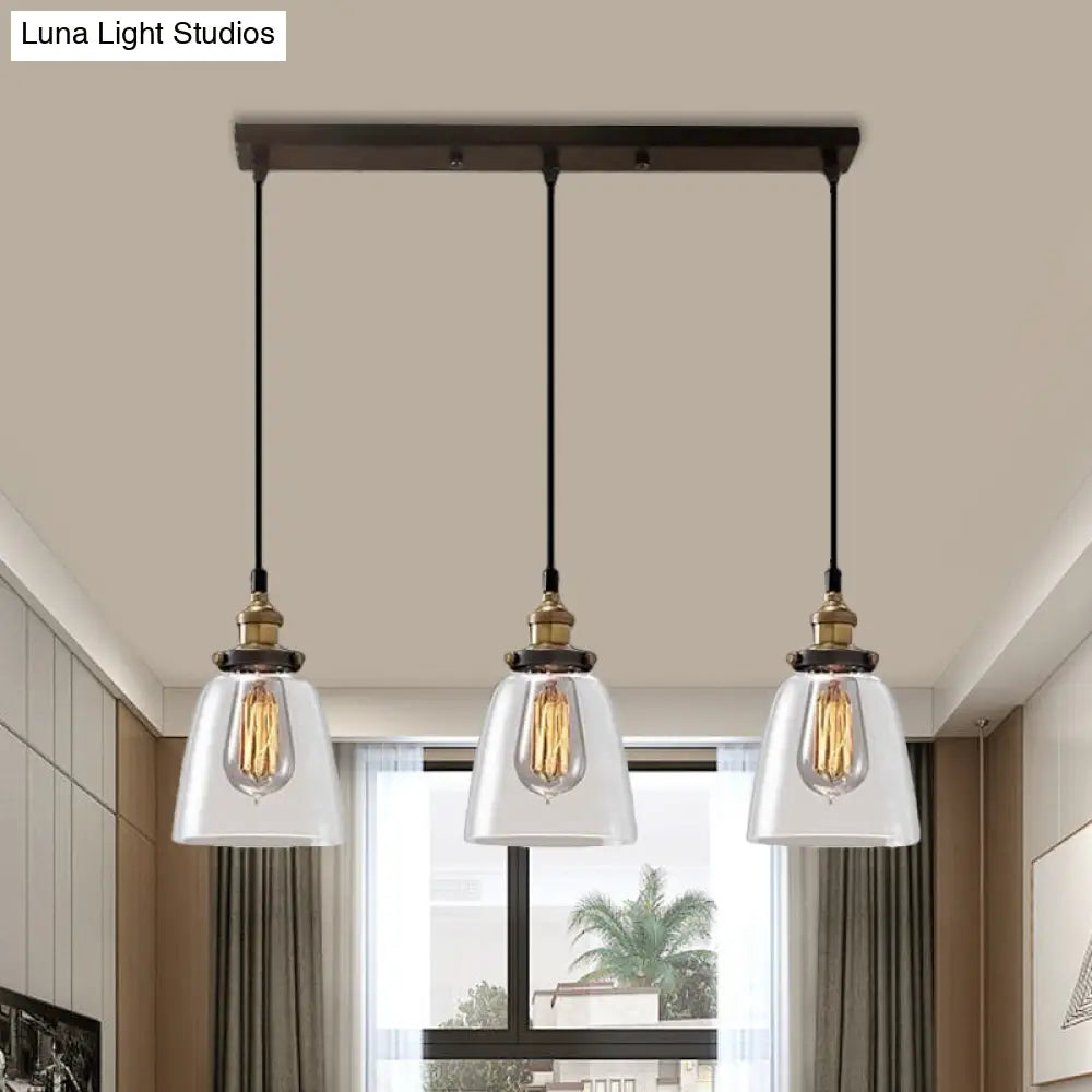 Lámpara colgante industrial de cristal ahumado en forma de cono/cuenco - Luminaria de 3 luces para cafetería con múltiples luces - Dosel lineal/redondo