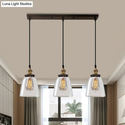 Lámpara colgante industrial de cristal ahumado en forma de cono/cuenco - Luminaria de 3 luces para cafetería con múltiples luces - Dosel lineal/redondo