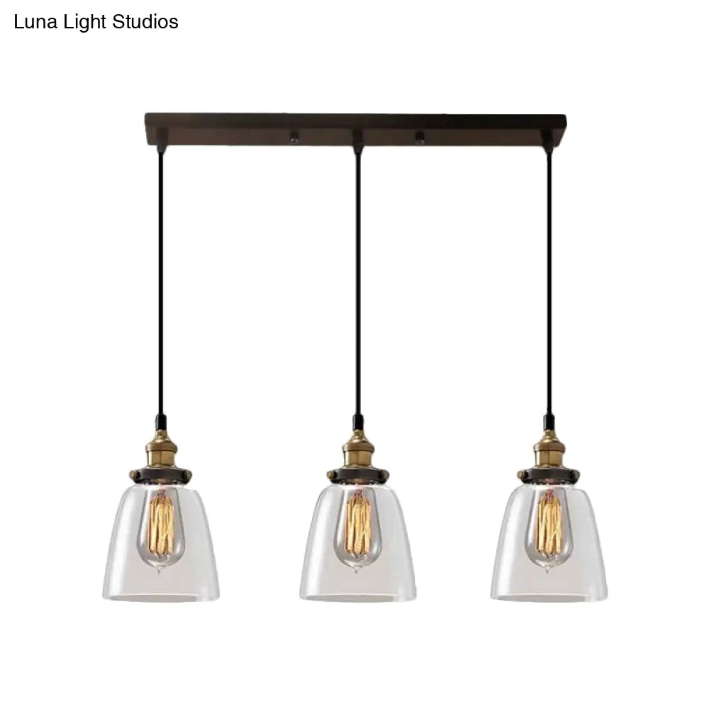 Lámpara colgante industrial de cristal ahumado en forma de cono/cuenco - Luminaria de 3 luces para cafetería con múltiples luces - Dosel lineal/redondo
