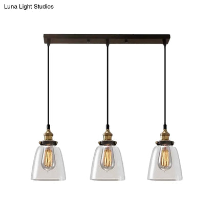 Lámpara colgante industrial de cristal ahumado en forma de cono/cuenco - Luminaria de 3 luces para cafetería con múltiples luces - Dosel lineal/redondo