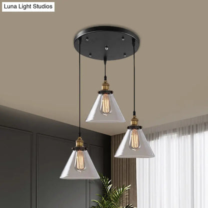 Lámpara colgante industrial de cristal ahumado en forma de cono/cuenco - Luminaria de 3 luces para cafetería con múltiples luces - Dosel lineal/redondo