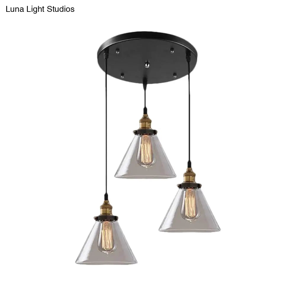 Lámpara colgante industrial de cristal ahumado en forma de cono/cuenco - Luminaria de 3 luces para cafetería con múltiples luces - Dosel lineal/redondo