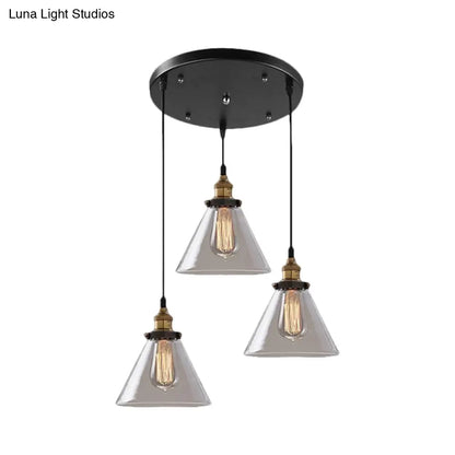 Lámpara colgante industrial de cristal ahumado en forma de cono/cuenco - Luminaria de 3 luces para cafetería con múltiples luces - Dosel lineal/redondo