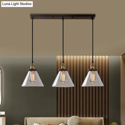 Lámpara colgante industrial de cristal ahumado en forma de cono/cuenco - Luminaria de 3 luces para cafetería con múltiples luces - Dosel lineal/redondo