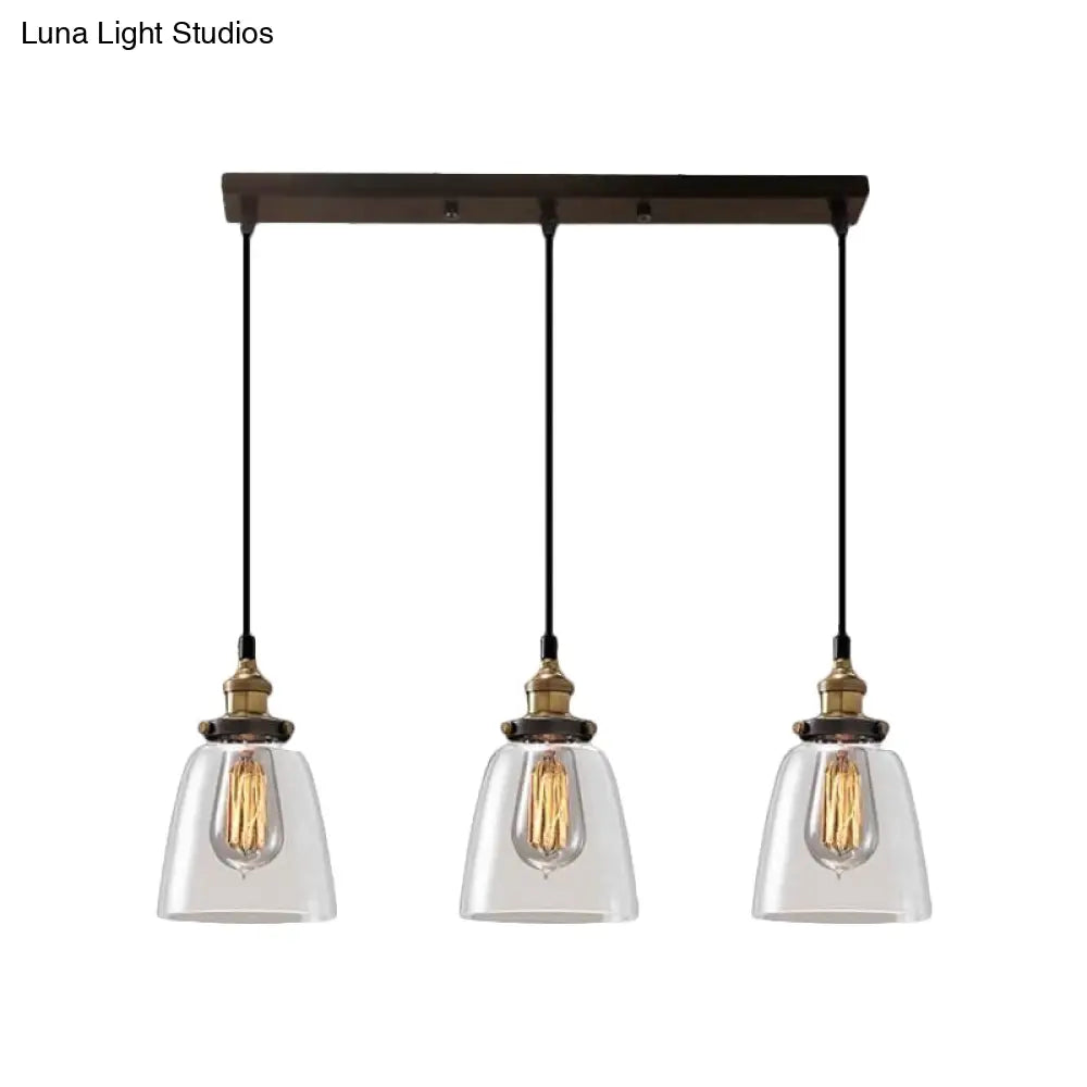 Lámpara colgante industrial de cristal ahumado en forma de cono/cuenco - Luminaria de 3 luces para cafetería con múltiples luces - Dosel lineal/redondo