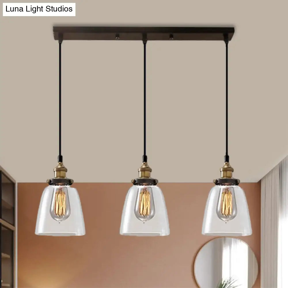 Lámpara colgante industrial de cristal ahumado en forma de cono/cuenco - Luminaria de 3 luces para cafetería con múltiples luces - Dosel lineal/redondo