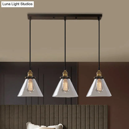 Lámpara colgante industrial de cristal ahumado en forma de cono/cuenco - Luminaria de 3 luces para cafetería con múltiples luces - Dosel lineal/redondo